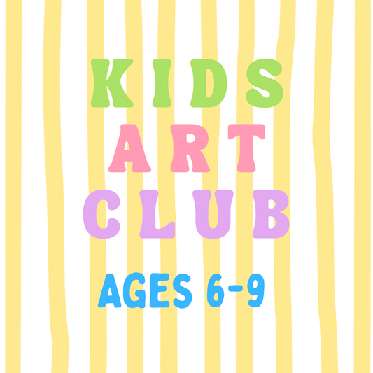 A digital graphic with vertical yellow and white stripes, featuring the text 'KIDS ART CLUB' in pastel green, pink, and purple letters, and 'AGES 6-9' in blue below it.